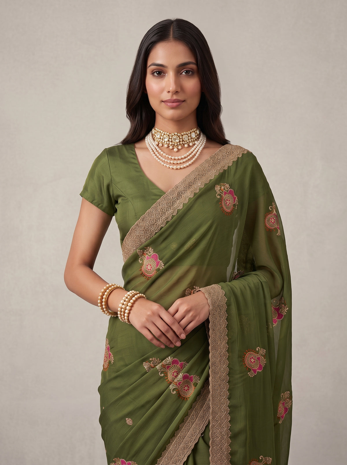MIMOSA Olive Banarasi Saree — pose 10 styling detail
