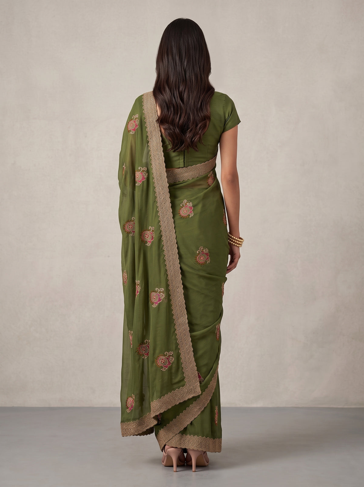 MIMOSA Olive Banarasi Saree — pose 2 styling detail