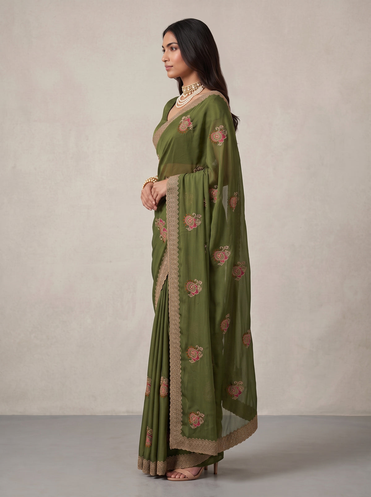 MIMOSA Olive Banarasi Saree — pose 3 styling detail