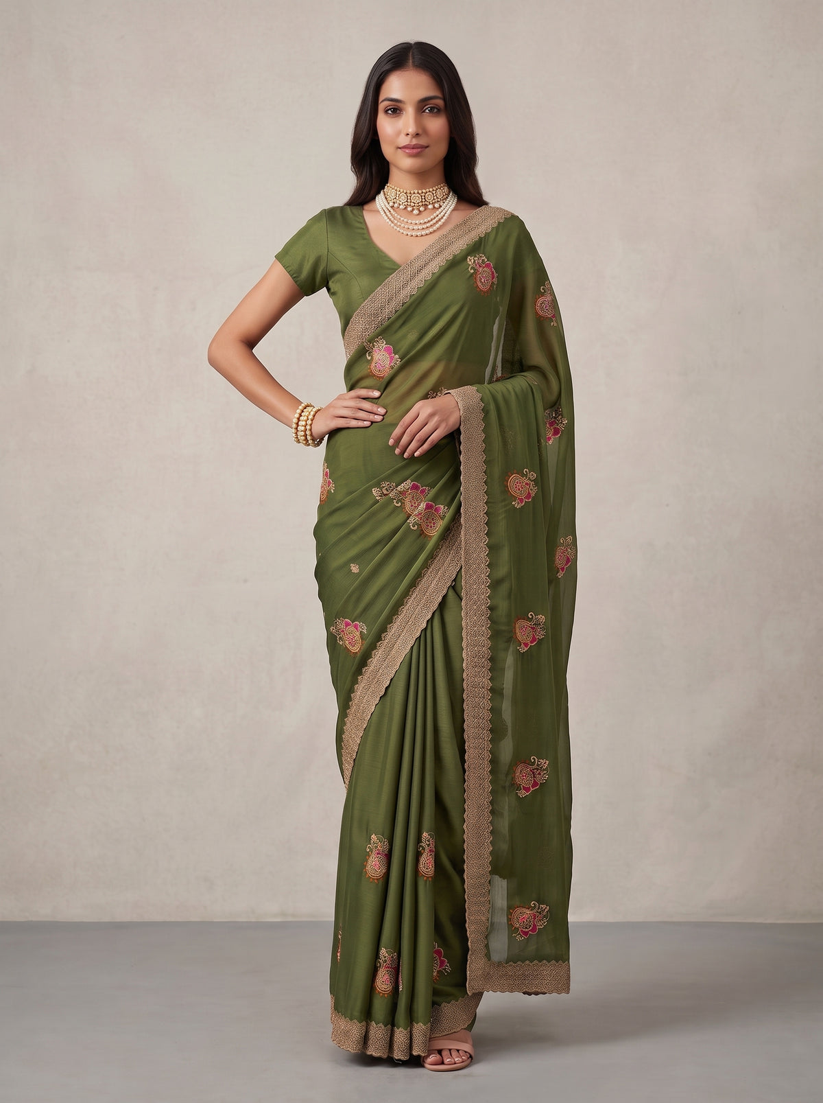 MIMOSA Olive Banarasi Saree — pose 4 styling detail