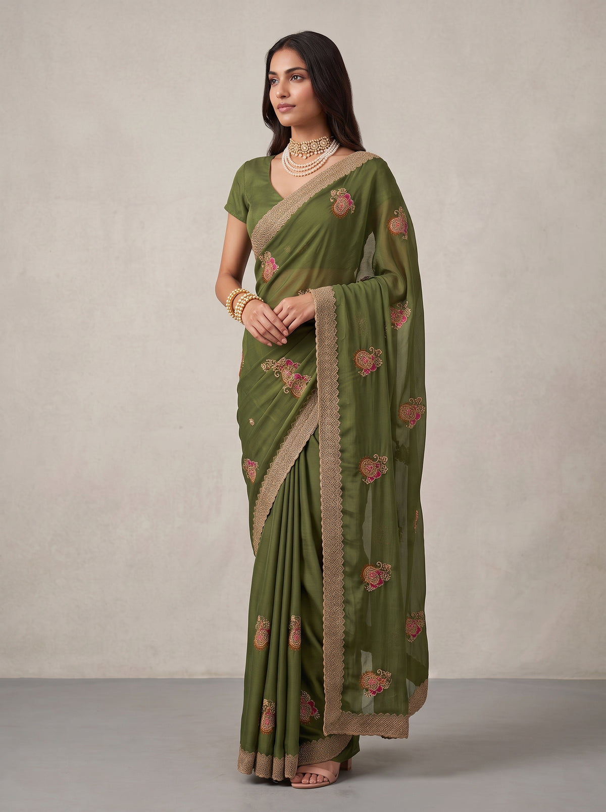 MIMOSA Olive Banarasi Saree — pose 5 styling detail