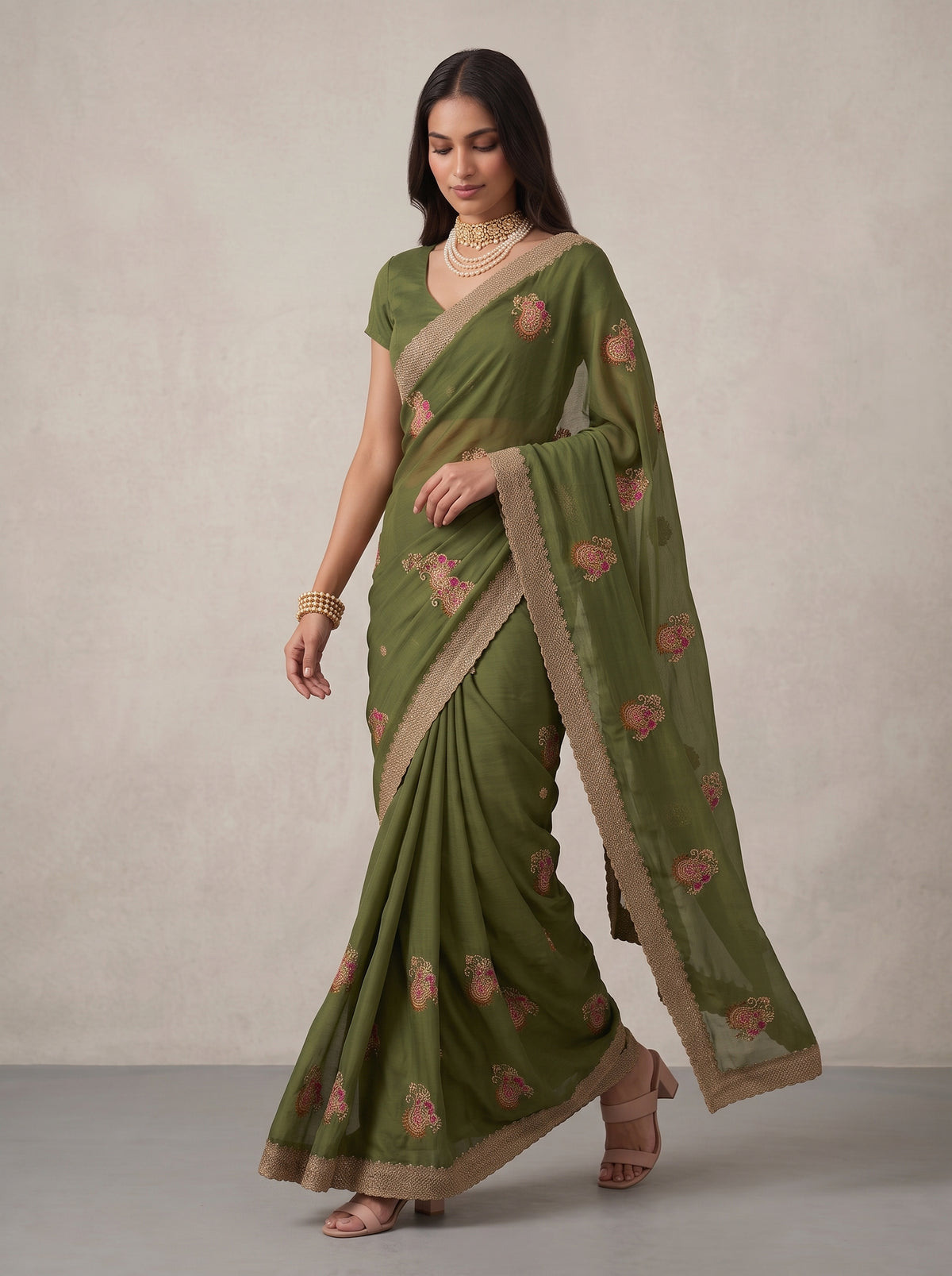 MIMOSA Olive Banarasi Saree — pose 6 styling detail