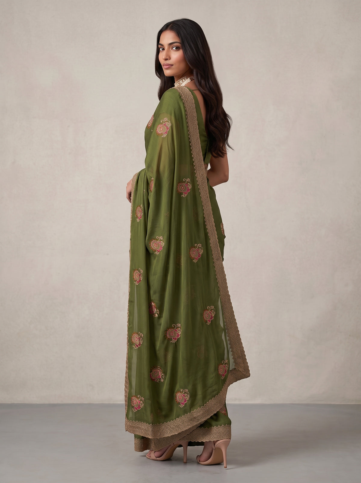 MIMOSA Olive Banarasi Saree — pose 7 styling detail