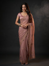 MIMOSA Peach Banarasi Chiffon Saree — AI Model lifestyle