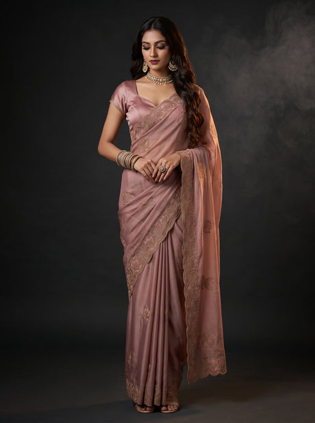MIMOSA Peach Banarasi Chiffon Saree — AI Model lifestyle