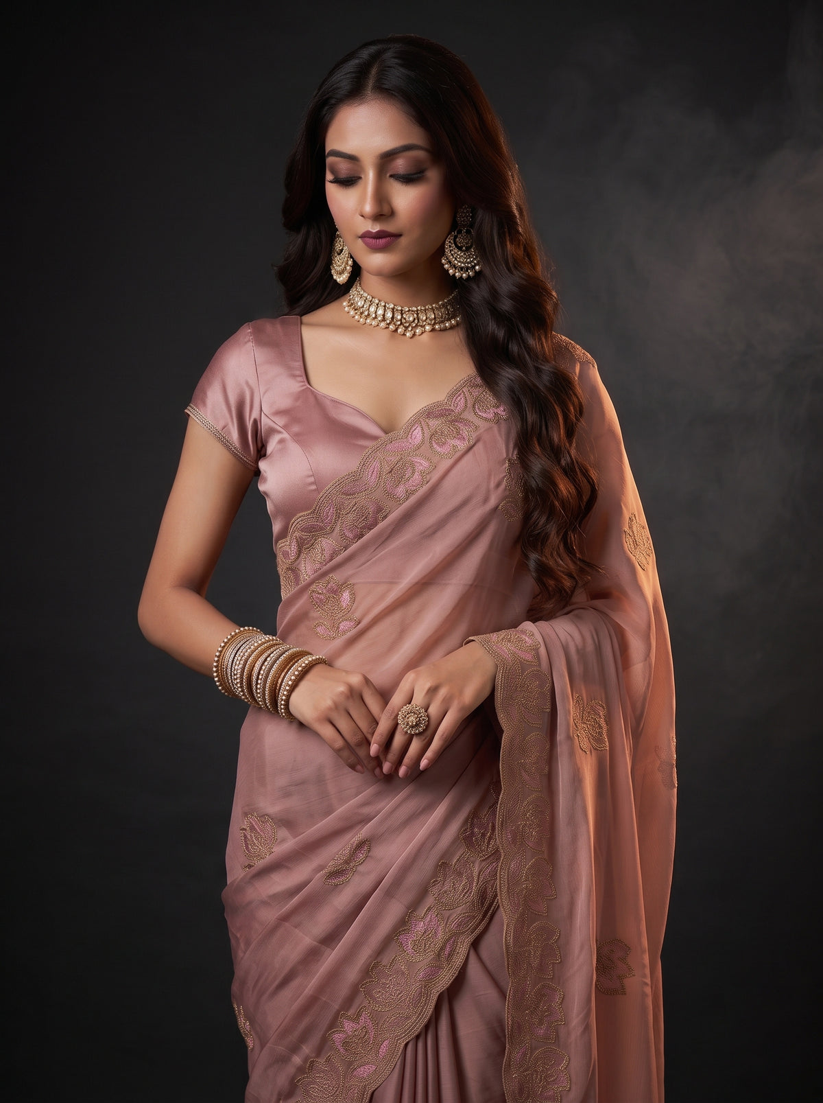 MIMOSA Peach Banarasi Chiffon Saree — pose 10 styling detail