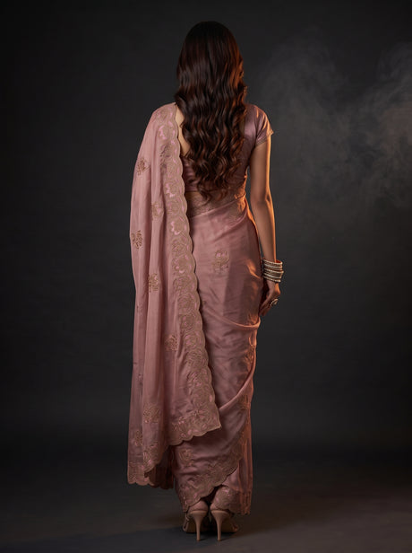 MIMOSA Peach Banarasi Chiffon Saree — Saree shot pallu and body