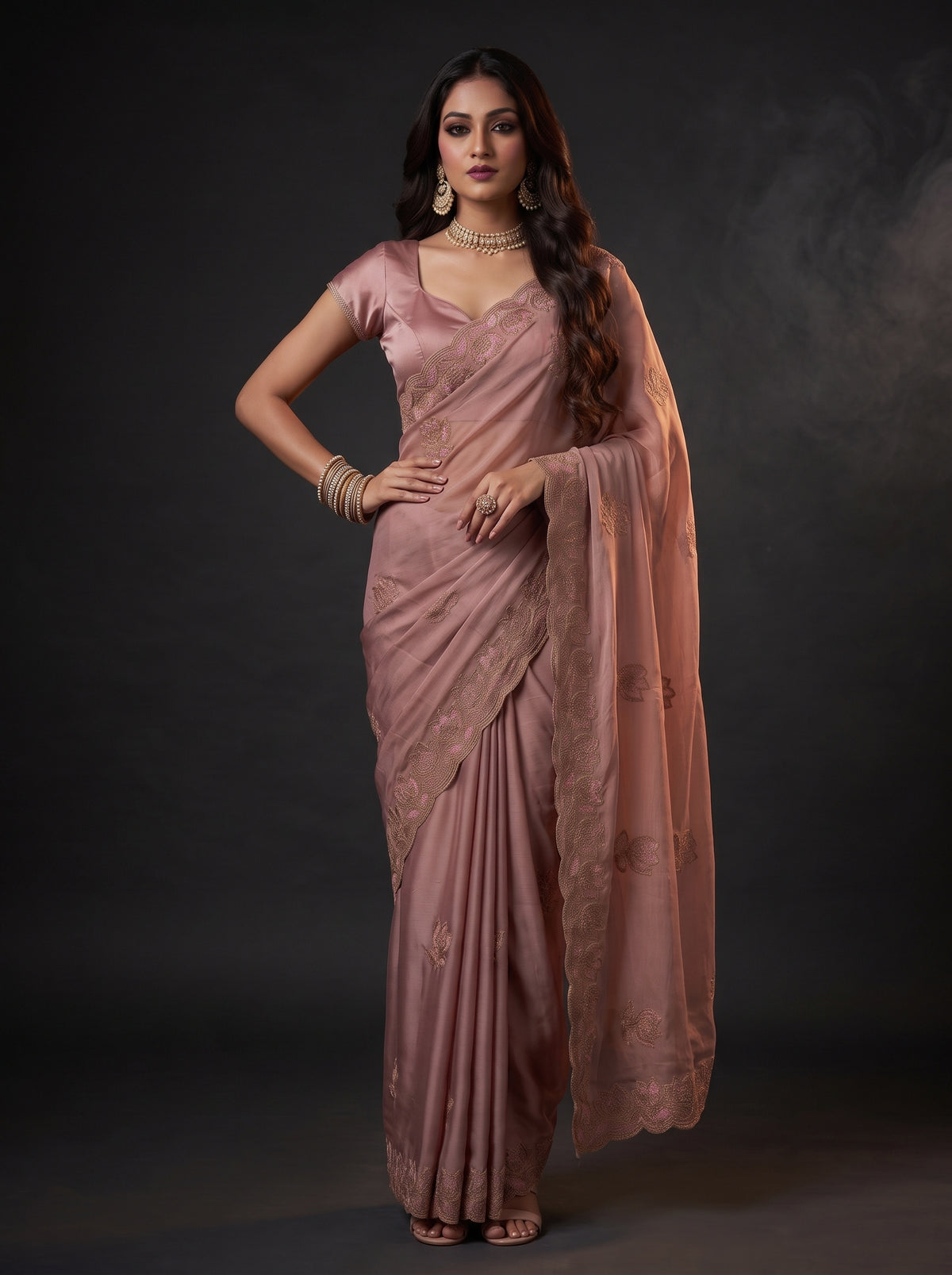 MIMOSA Peach Banarasi Chiffon Saree — pose 4 styling detail