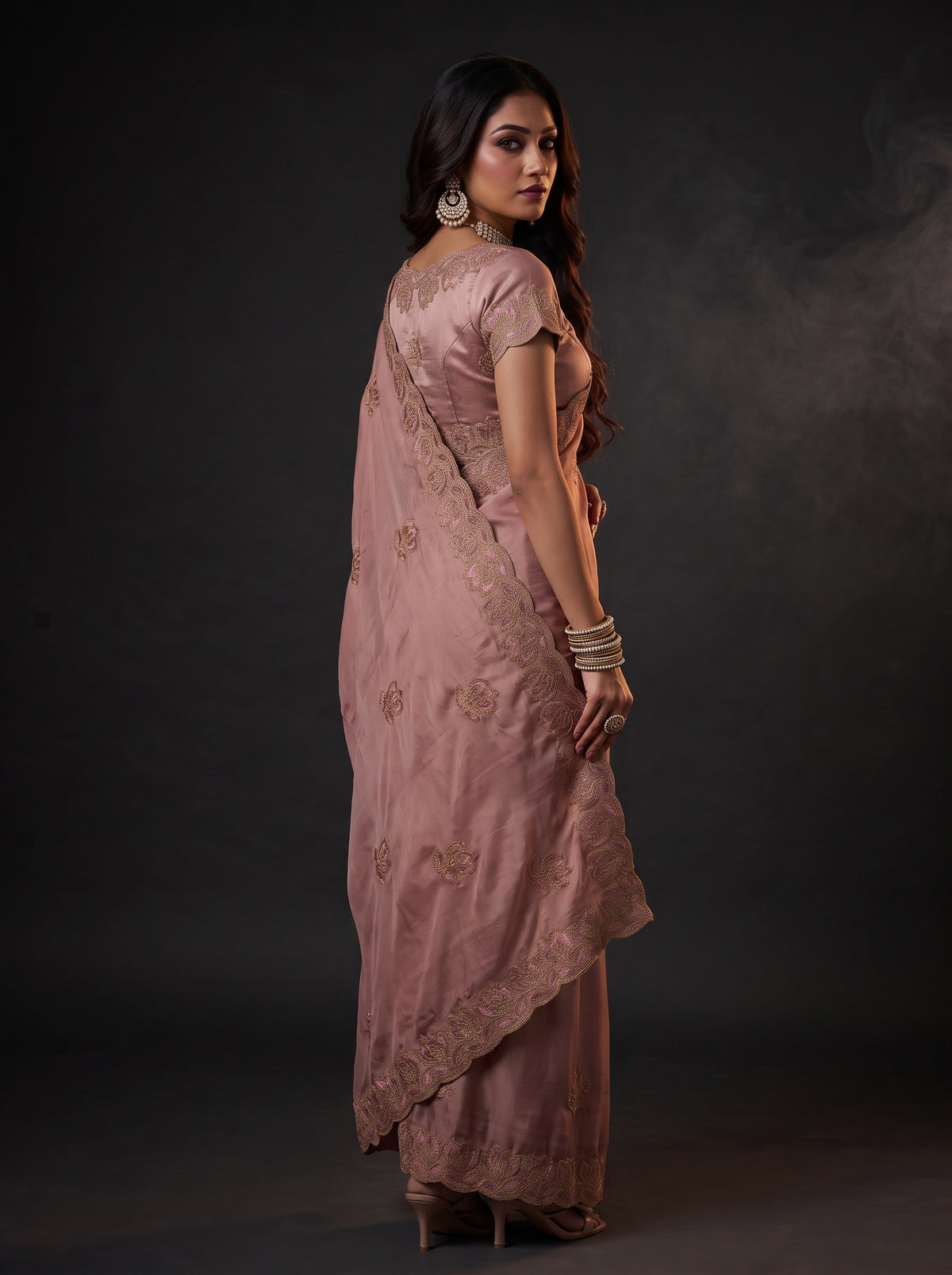 MIMOSA Peach Banarasi Chiffon Saree — pose 7 styling detail