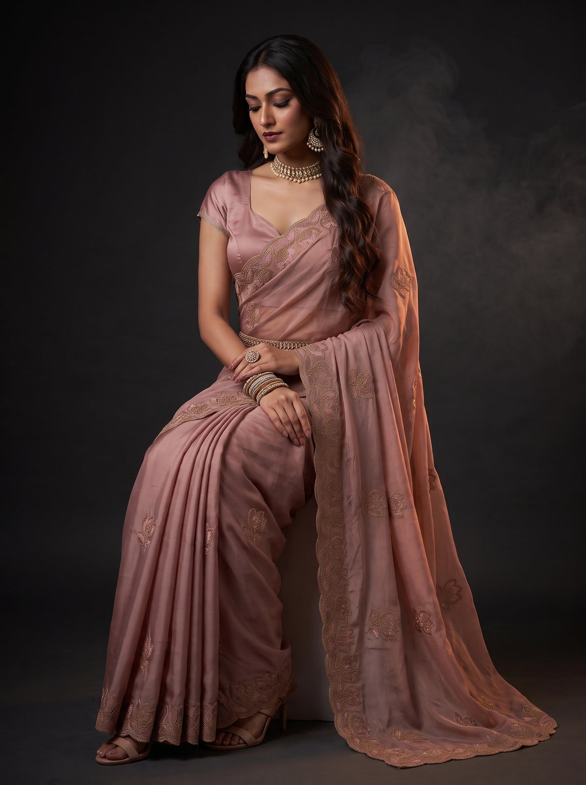 MIMOSA Peach Banarasi Chiffon Saree — pose 8 styling detail