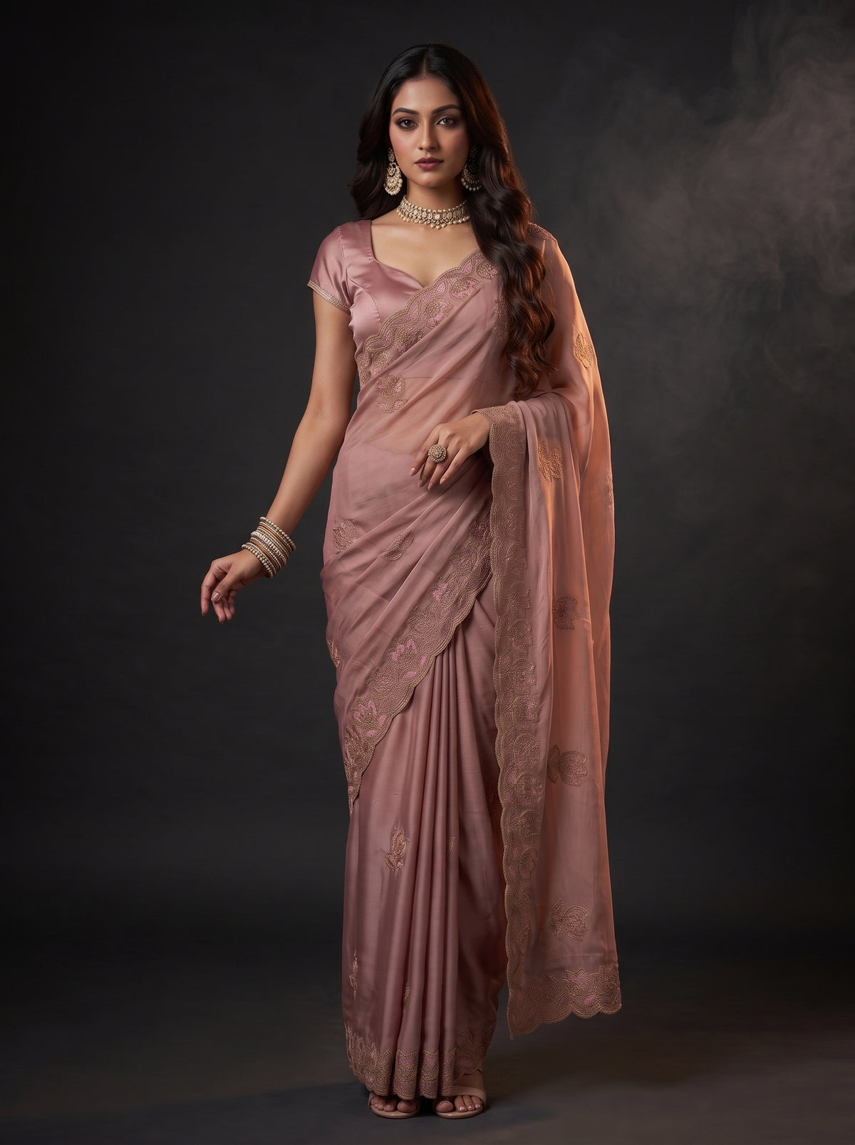 MIMOSA Peach Banarasi Chiffon Saree — pose 9 styling detail