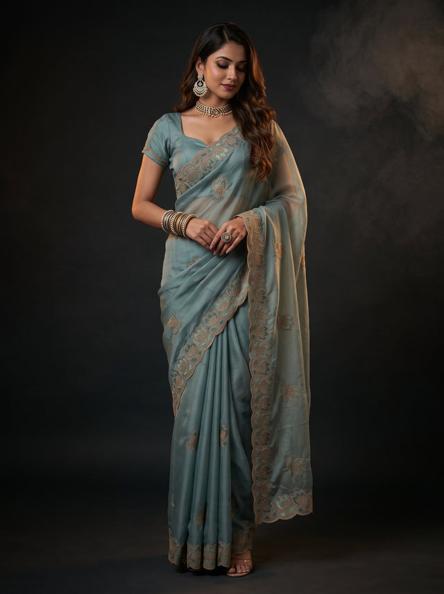 MIMOSA Rama Banarasi Chiffon Saree — AI Model lifestyle