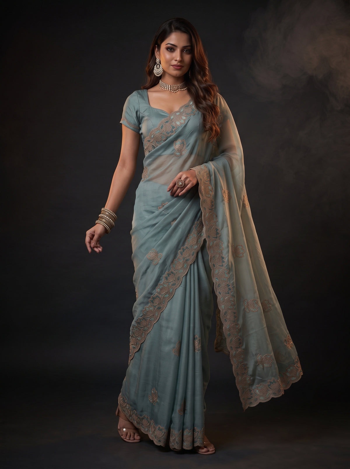MIMOSA Rama Banarasi Chiffon Saree — pose 9 styling detail