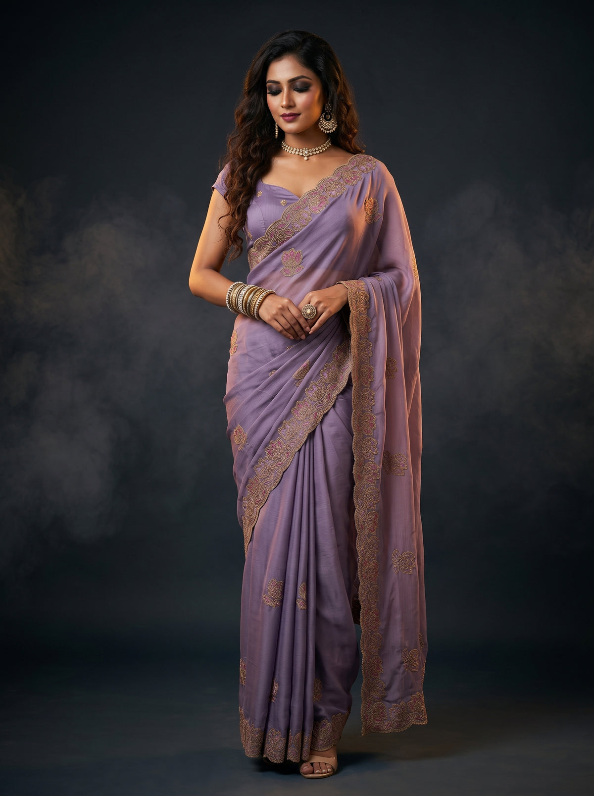 MIMOSA Violet Banarasi Chiffon Saree — AI Model lifestyle