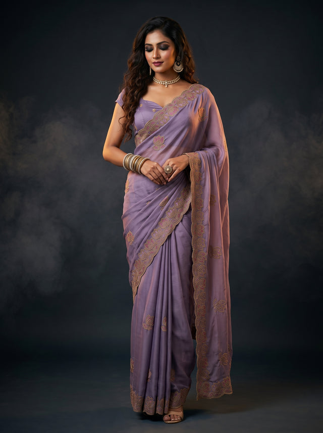 MIMOSA Violet Banarasi Chiffon Saree — AI Model lifestyle