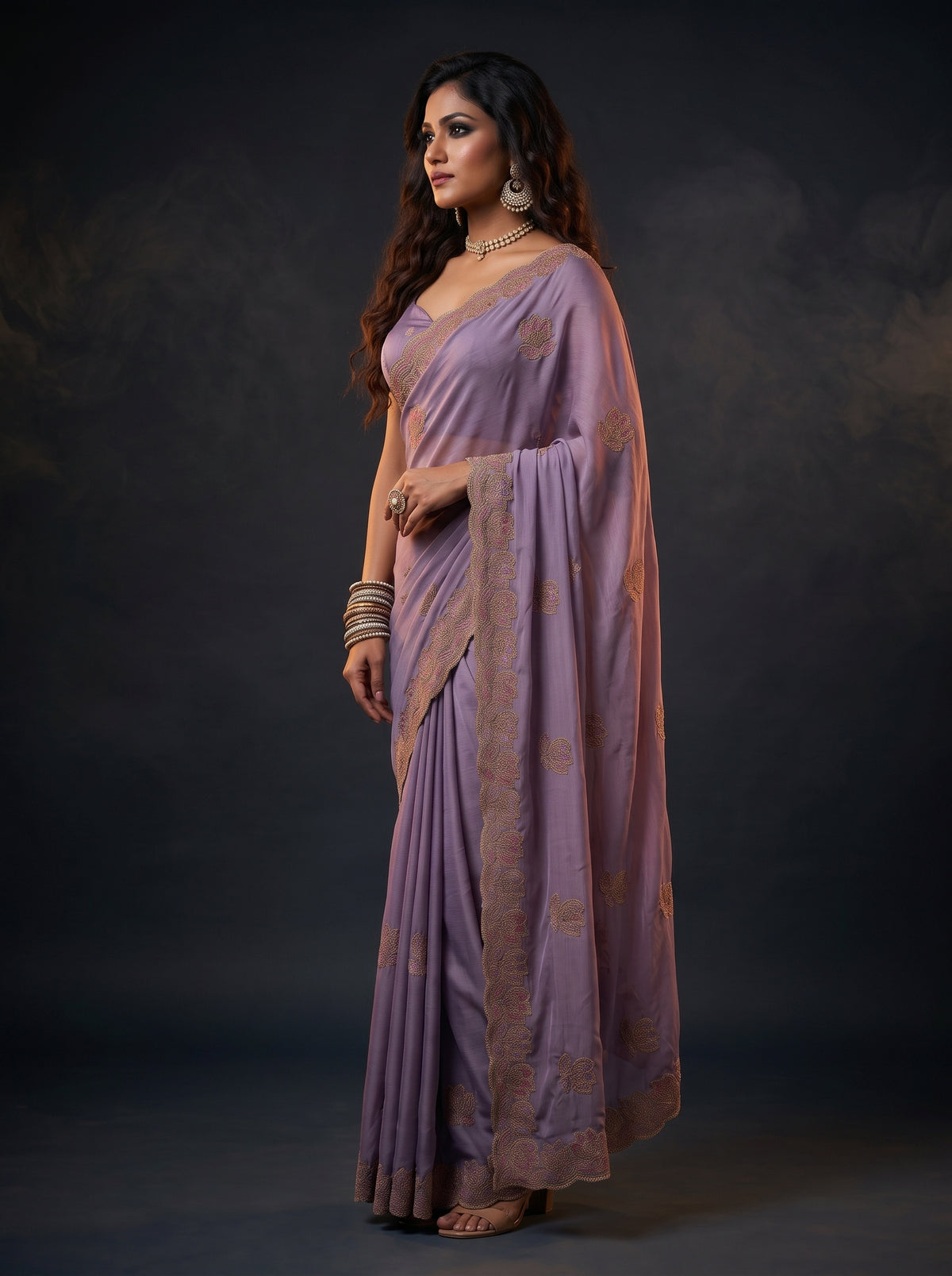 MIMOSA Violet Banarasi Chiffon Saree — pose 3 styling detail