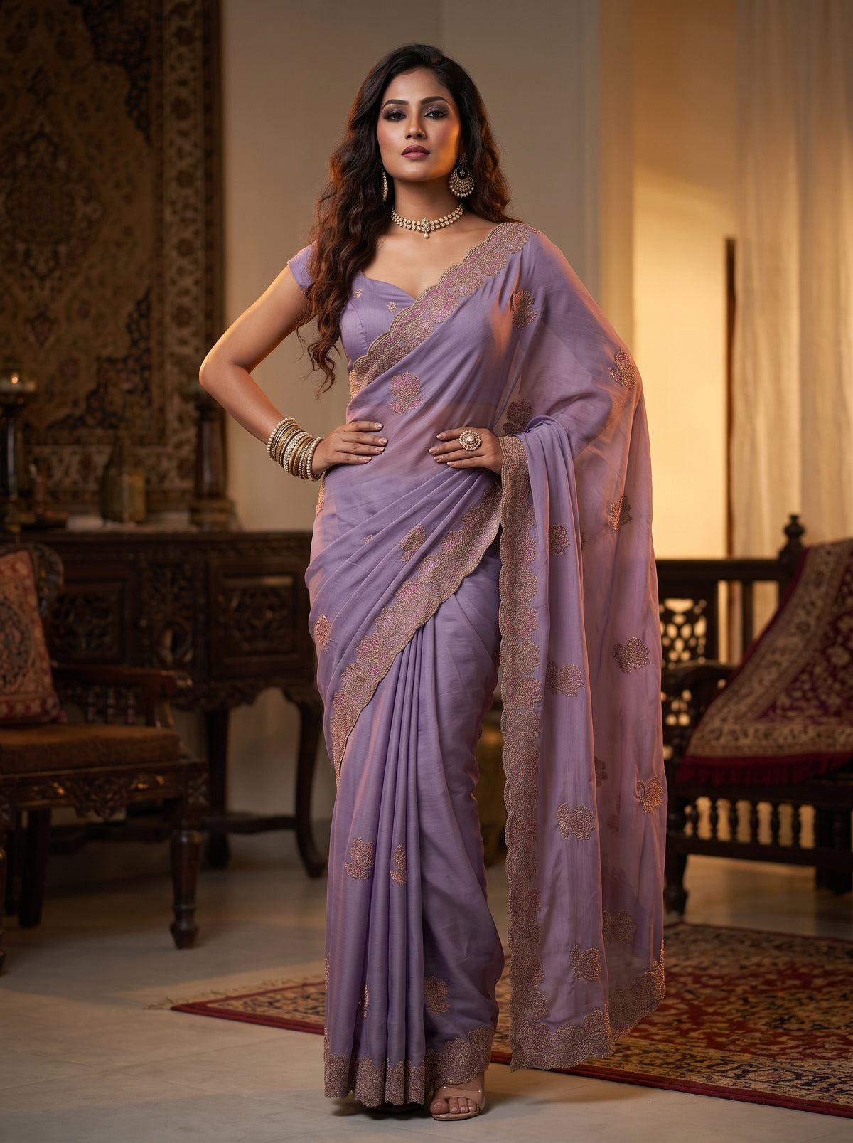 MIMOSA Violet Banarasi Chiffon Saree — pose 4 styling detail