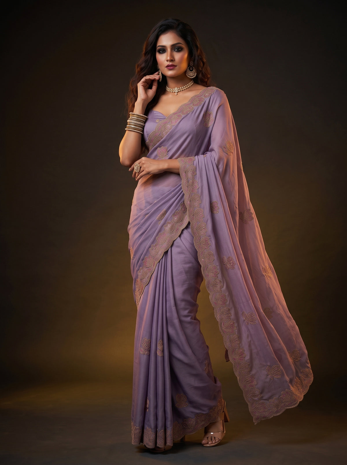 MIMOSA Violet Banarasi Chiffon Saree — pose 5 styling detail