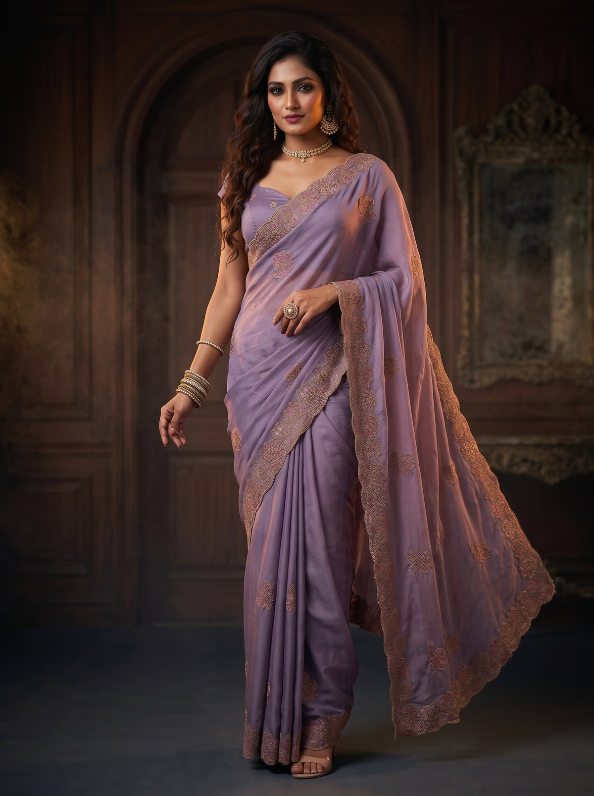 MIMOSA Violet Banarasi Chiffon Saree — pose 9 styling detail