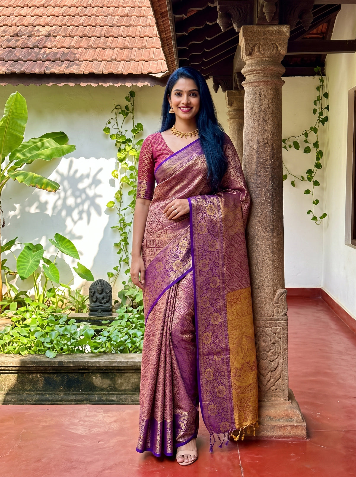 MIMOSA Magenta Kanjivaram Saree — front view on mannequin