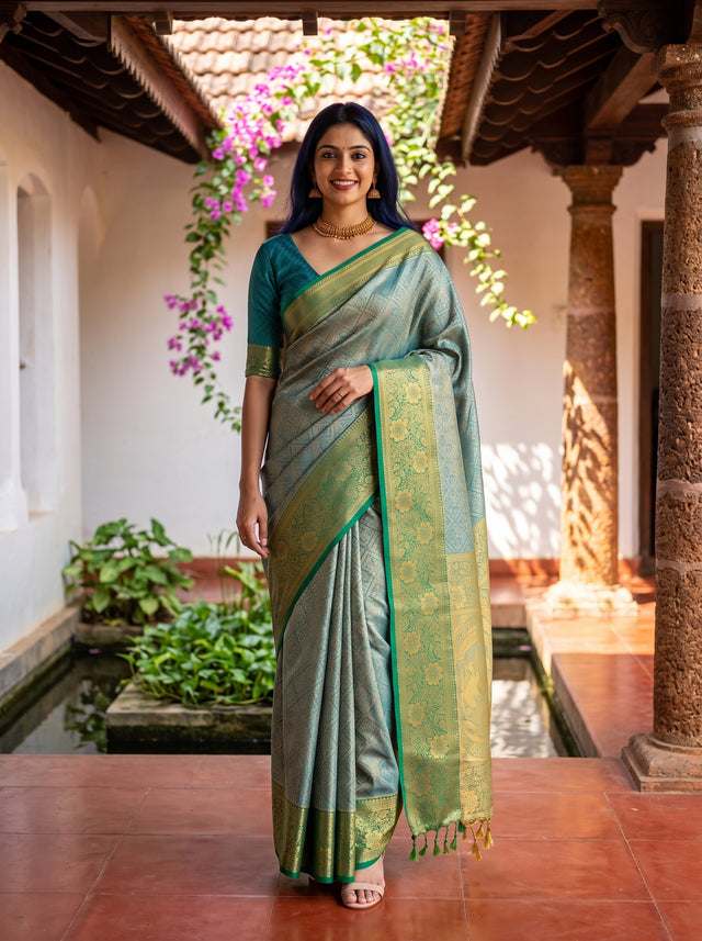 MIMOSA Sapphire Kanjivaram Saree — front view on mannequin