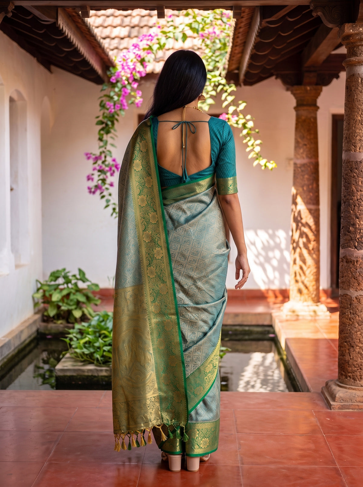MIMOSA Sapphire Kanjivaram Saree — pose 2 styling detail