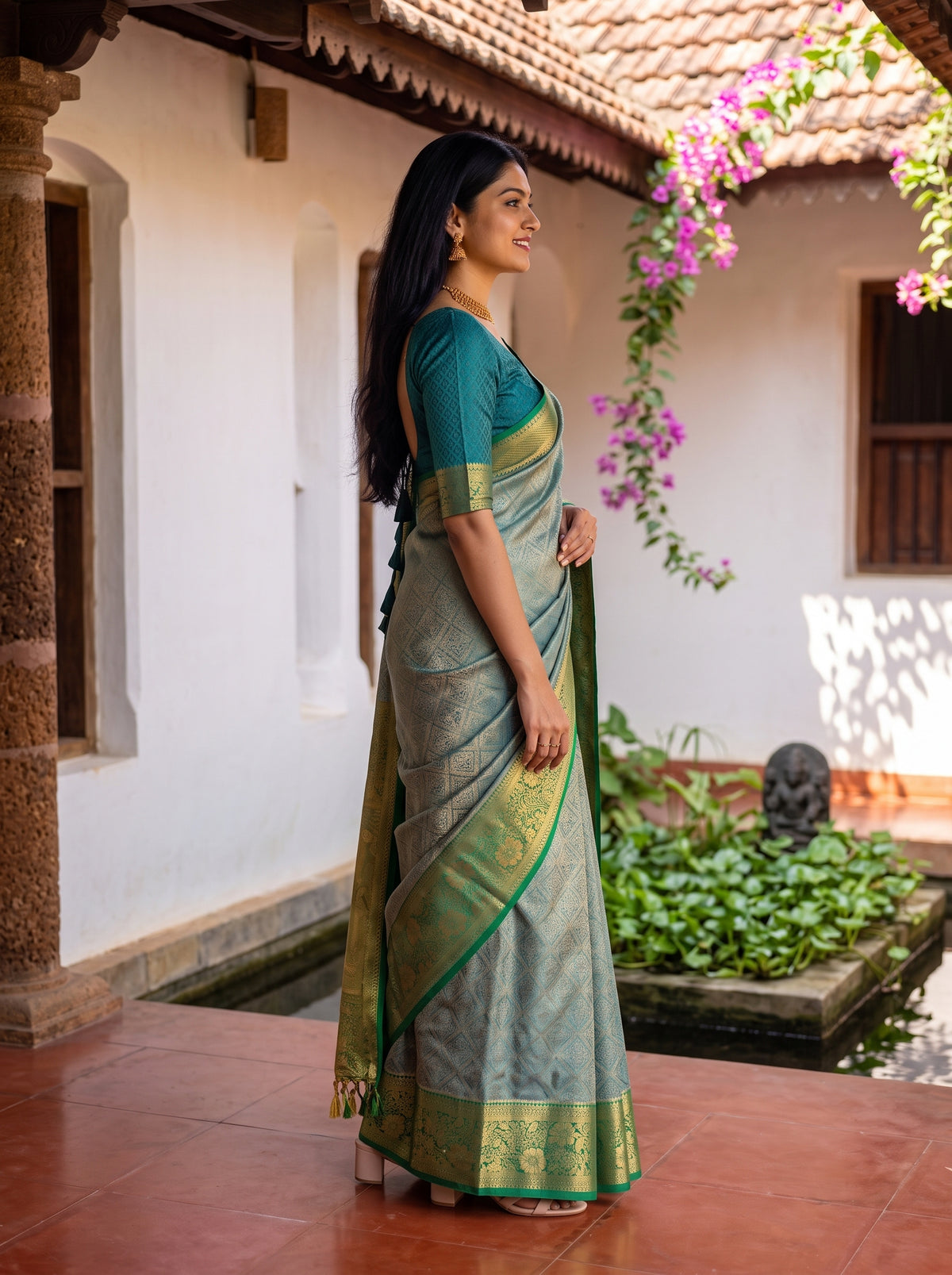 MIMOSA Sapphire Kanjivaram Saree — pose 3 styling detail