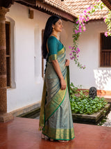 MIMOSA Sapphire Kanjivaram Saree — pose 3 styling detail