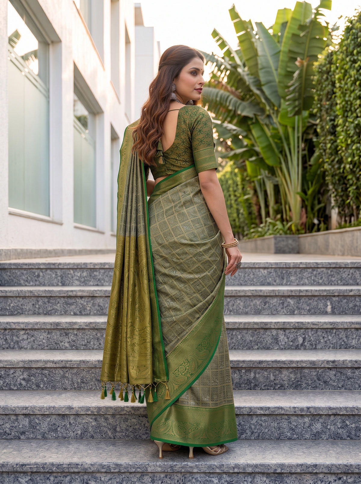 MIMOSA Green Kanjivaram Saree — pose 5 styling detail