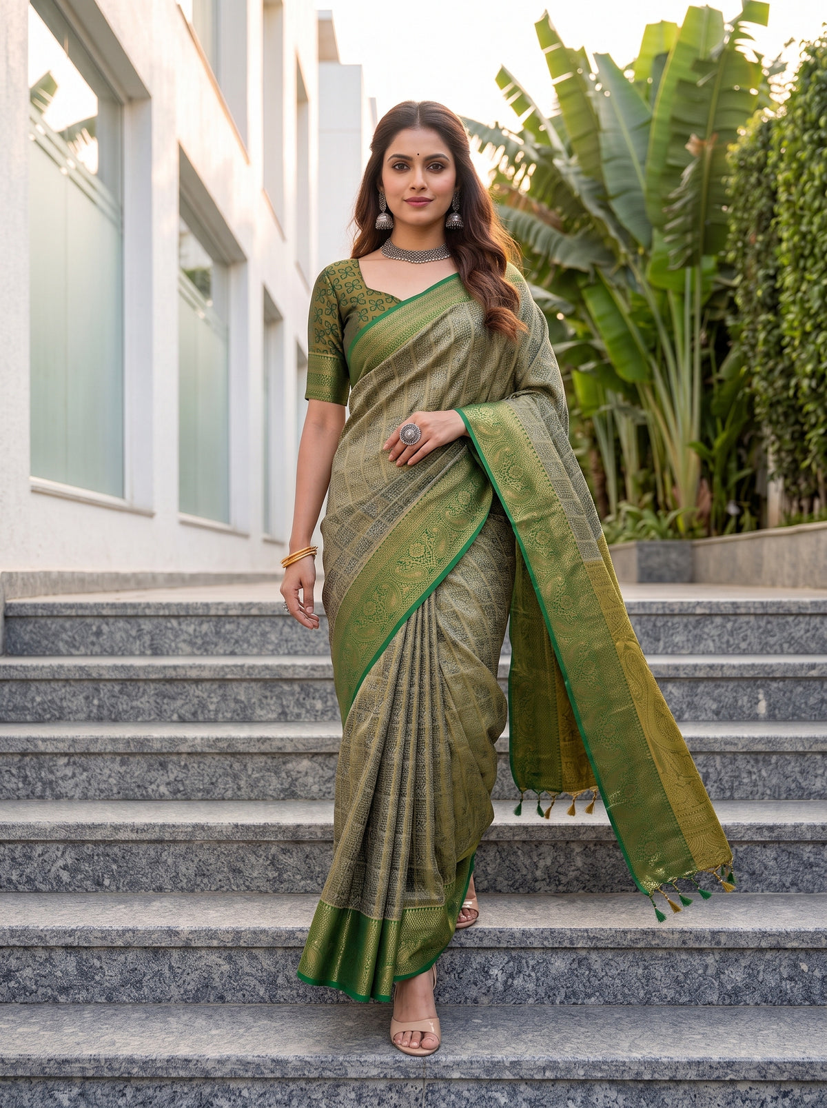 MIMOSA Green Kanjivaram Saree — pose 6 styling detail