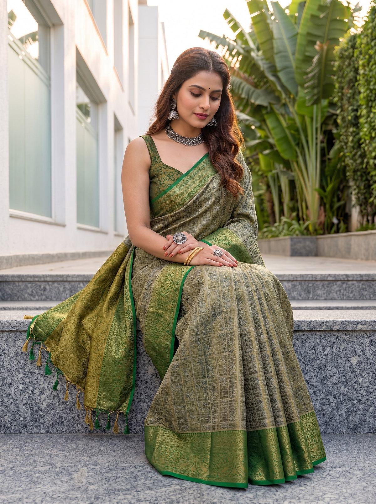 MIMOSA Green Kanjivaram Saree — pose 8 styling detail