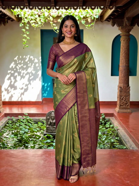 MIMOSA Green Kanjivaram Organza Saree — AI Model lifestyle pose 1