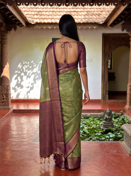 MIMOSA Green Kanjivaram Organza Saree — Saree shot pallu and body