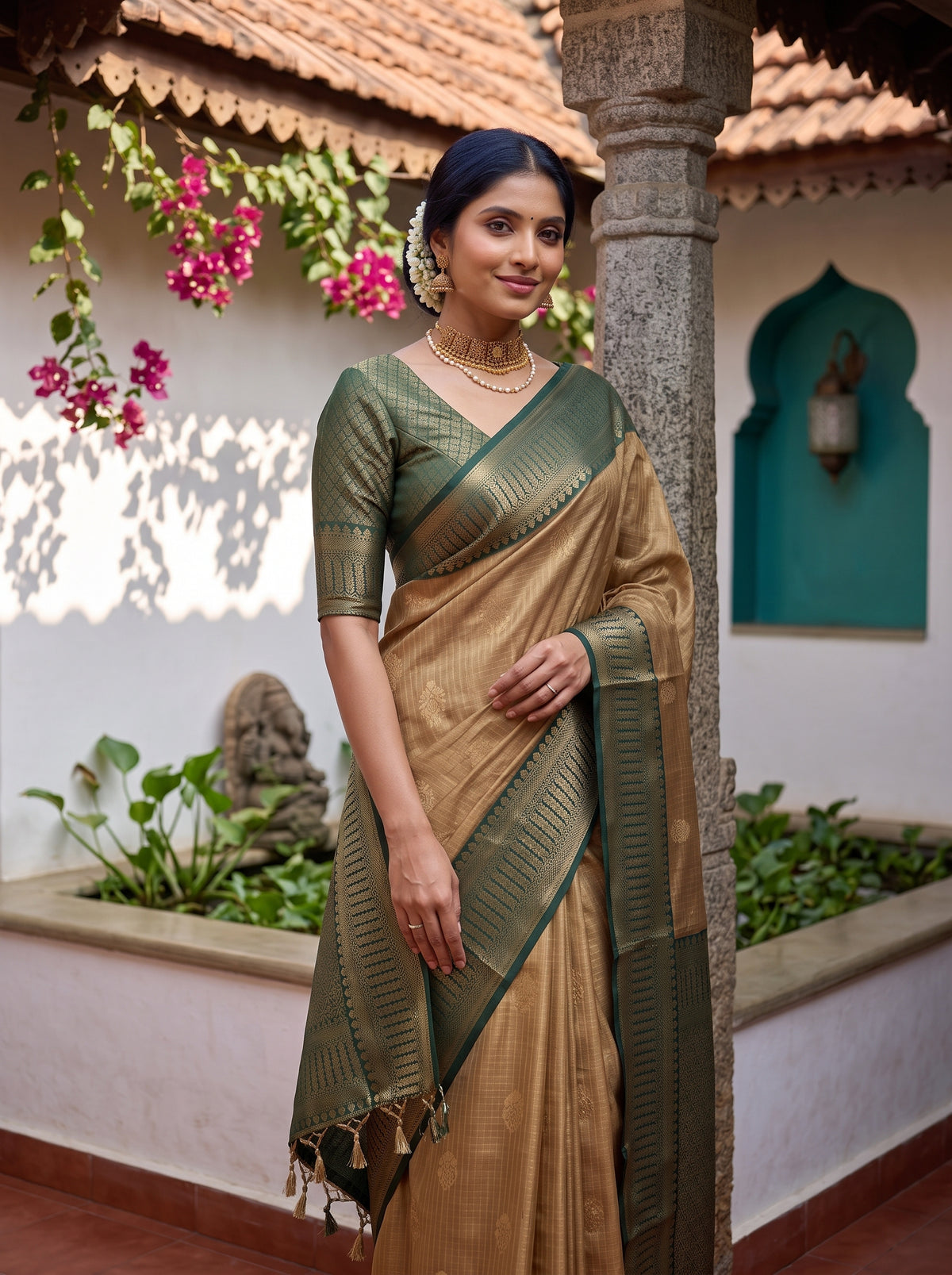 MIMOSA Mustard Kanjivaram Organza Saree — pose 10 styling detail