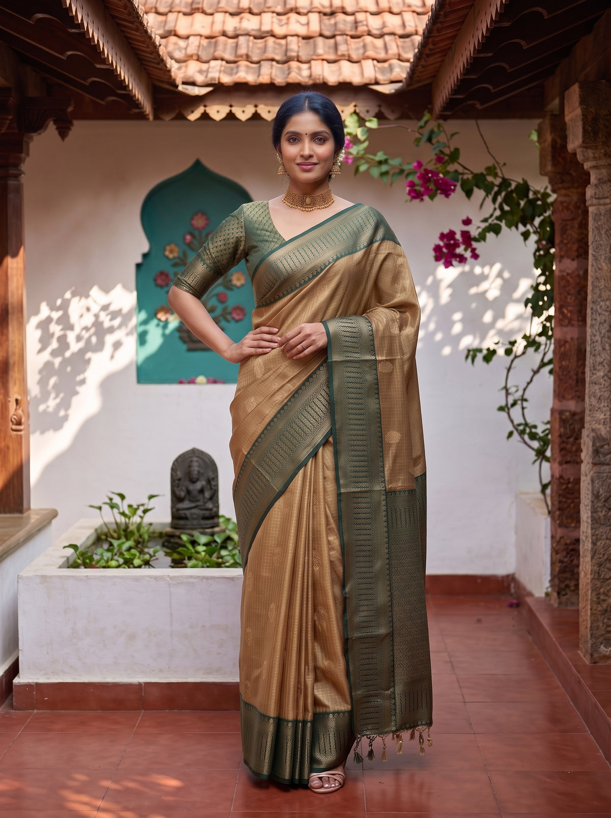 MIMOSA Mustard Kanjivaram Organza Saree — pose 4 styling detail