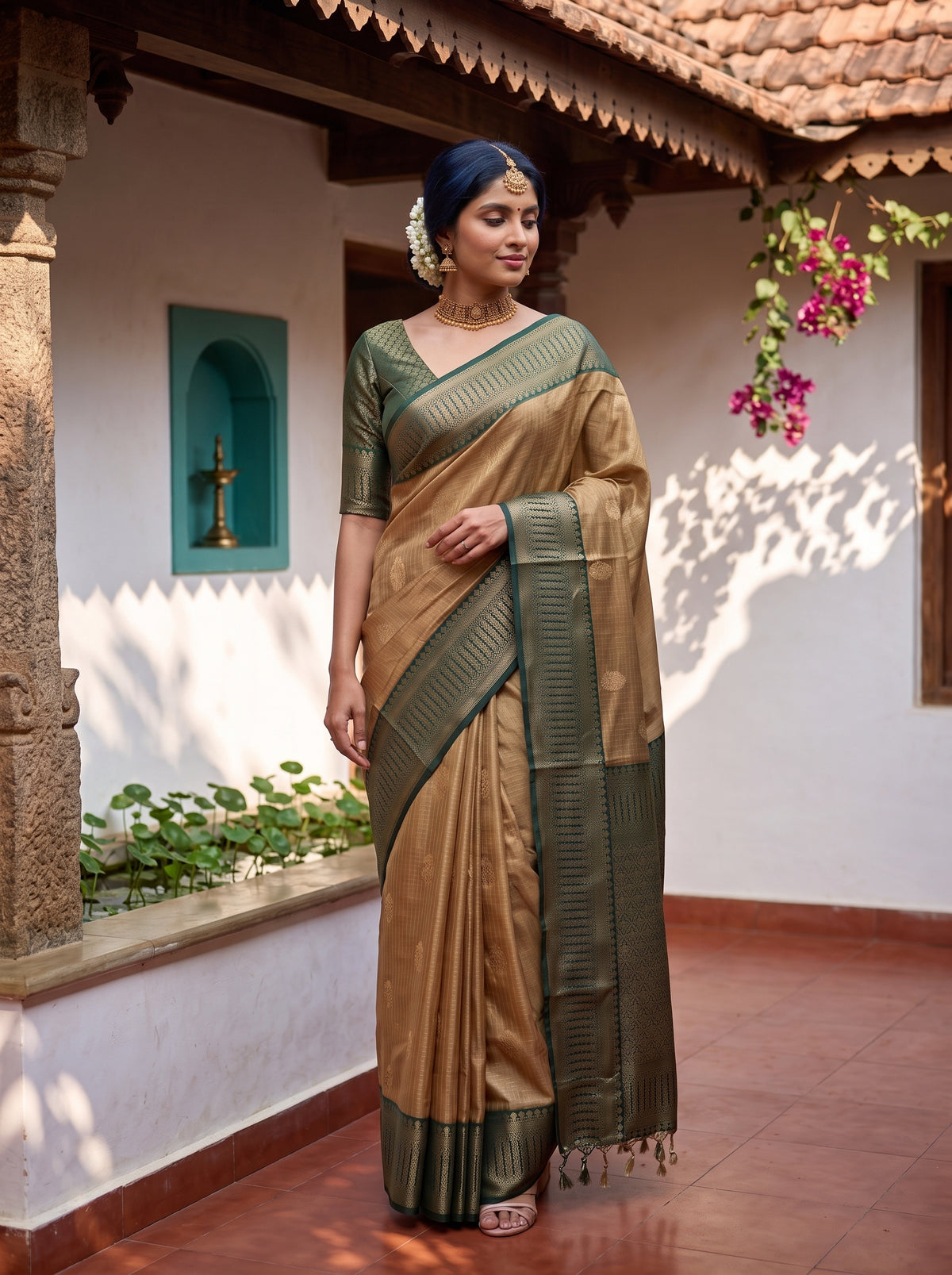 MIMOSA Mustard Kanjivaram Organza Saree — pose 9 styling detail