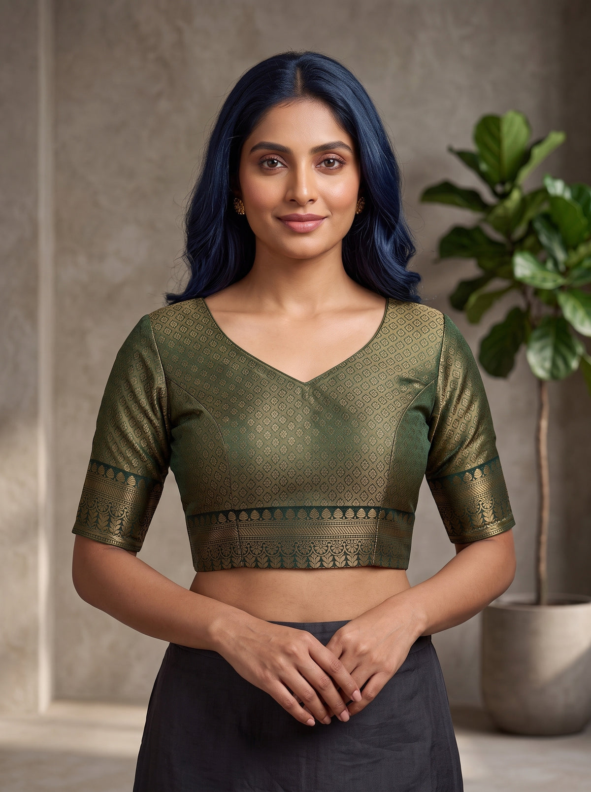 MIMOSA Mustard Kanjivaram Organza Saree — blouse close-up