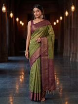 MIMOSA Green Kanjivaram Organza Saree — AI Model lifestyle pose