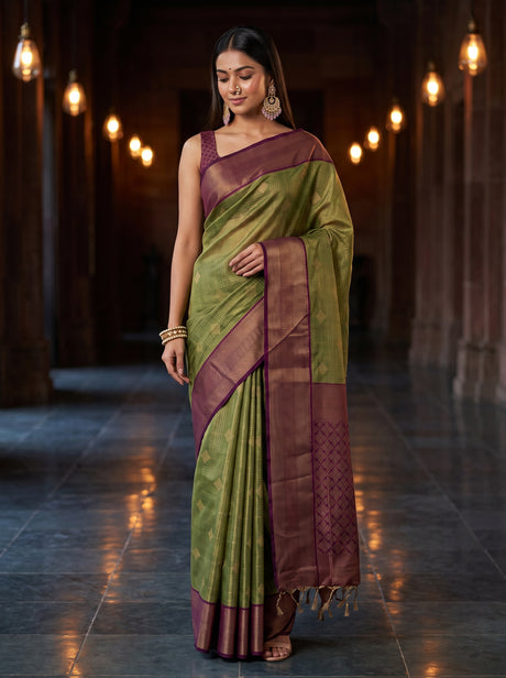 MIMOSA Green Kanjivaram Organza Saree — AI Model lifestyle pose