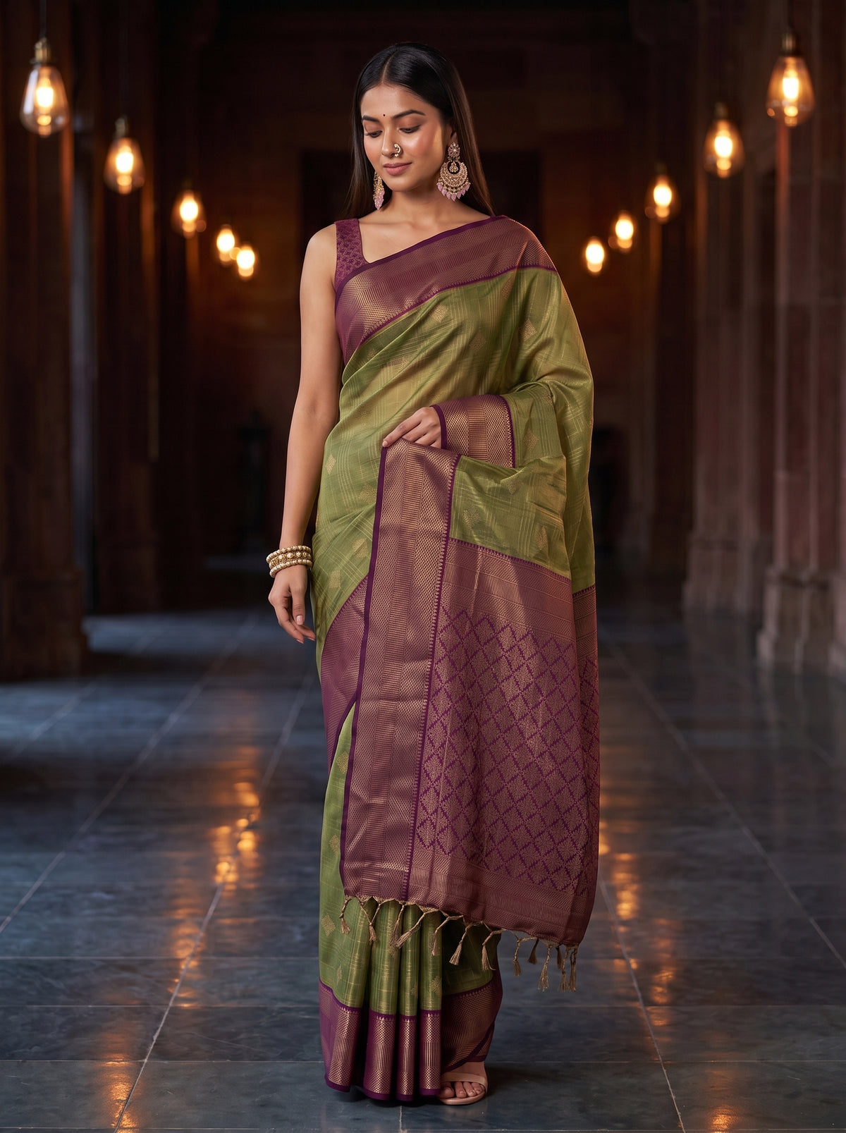 MIMOSA Green Kanjivaram Organza Saree — AI Model lower saree detail