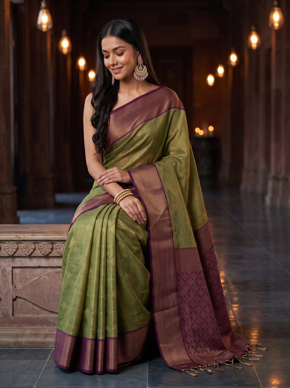MIMOSA Green Kanjivaram Organza Saree — AI Model midsection