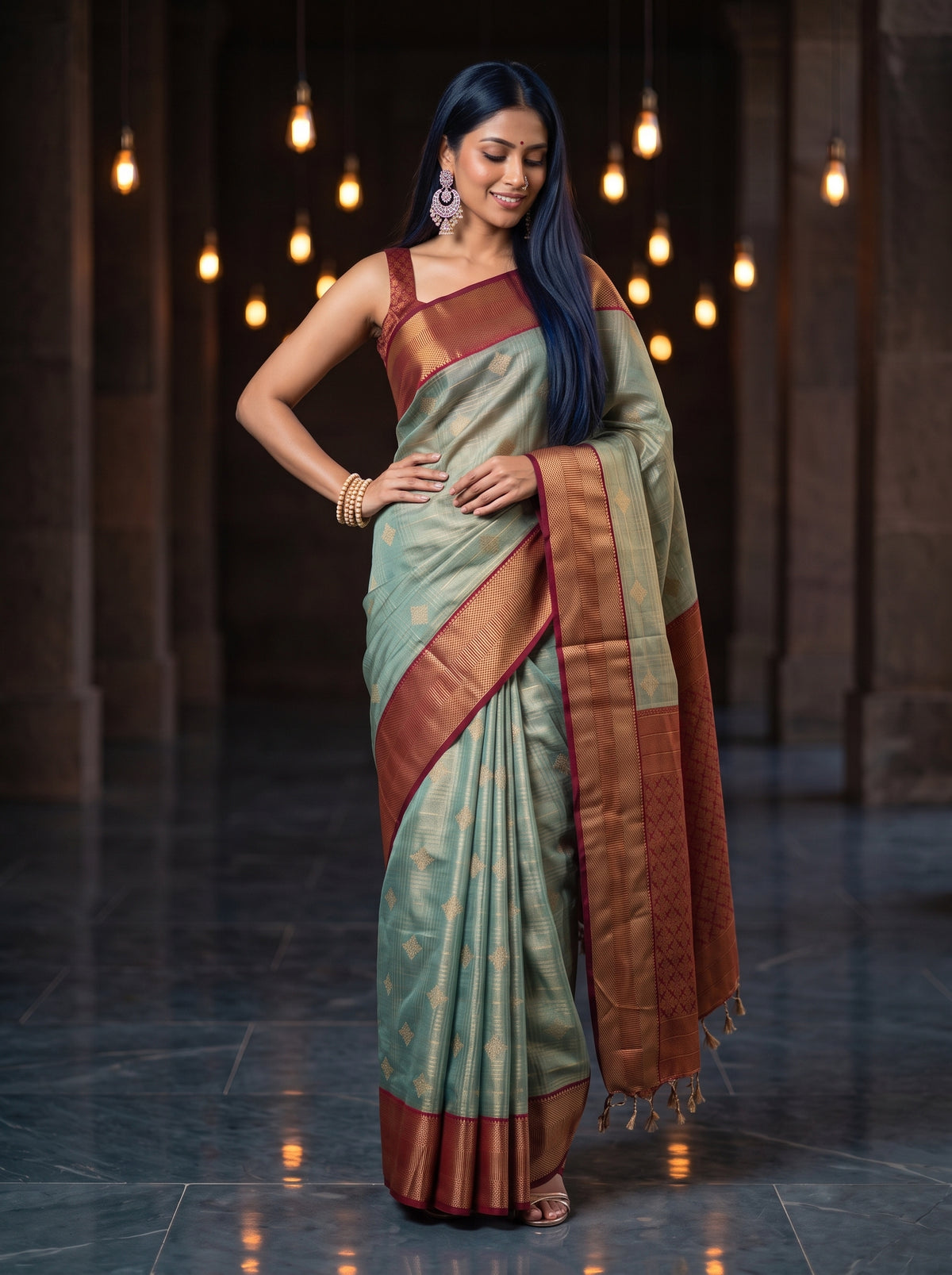MIMOSA Sapphire Kanjivaram Organza Saree — AI Model close-up arm