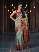 MIMOSA Sapphire Kanjivaram Organza Saree — AI Model close-up arm