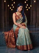 MIMOSA Sapphire Kanjivaram Organza Saree — AI Model midsection