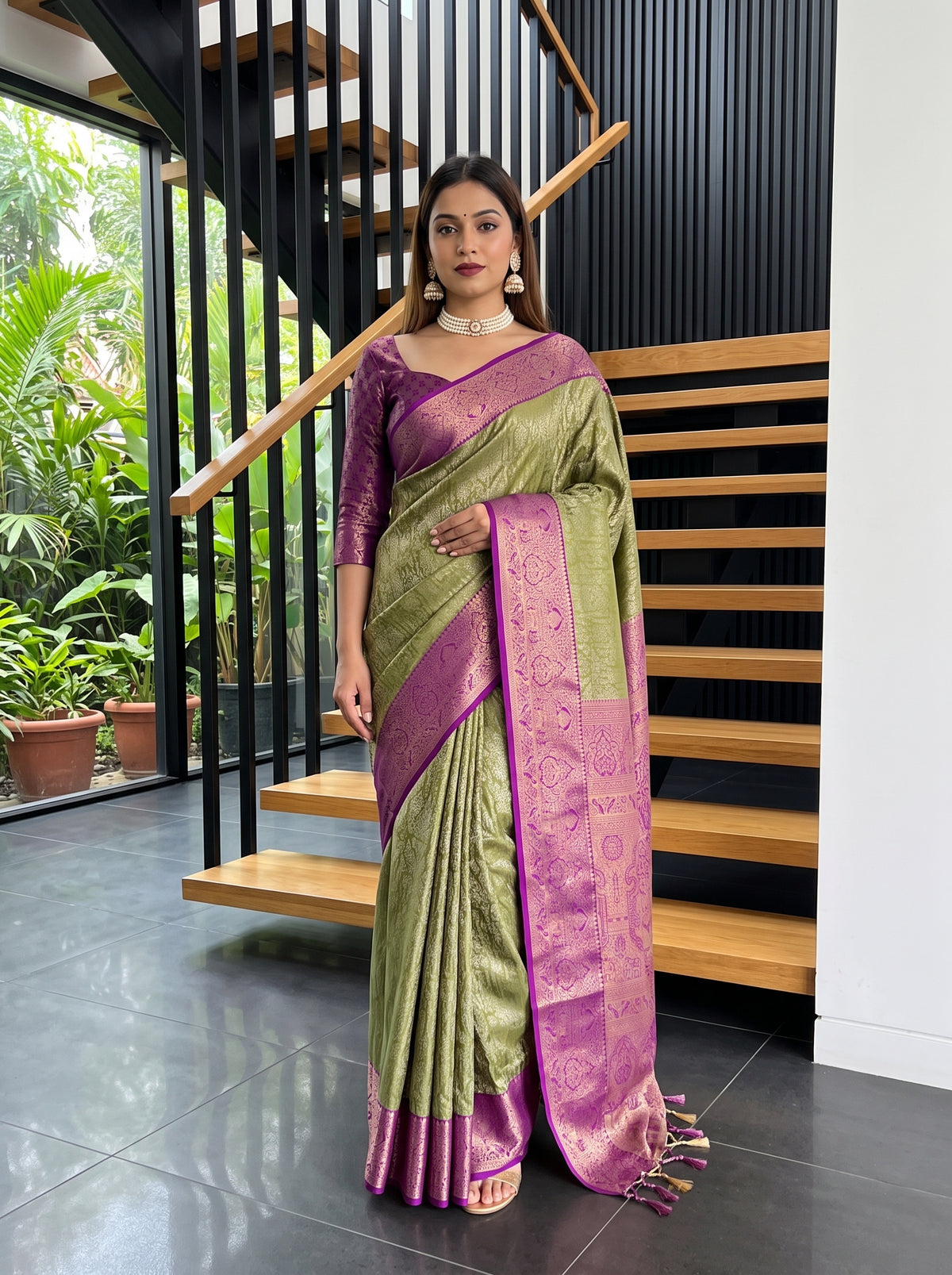 MIMOSA Green Kanjivaram Art Silk Saree — AI Model lifestyle pose 1