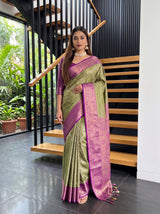 MIMOSA Green Kanjivaram Art Silk Saree — Saree shot pallu and body