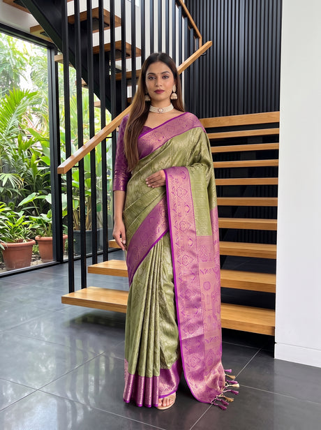 MIMOSA Green Kanjivaram Art Silk Saree — Saree shot pallu and body