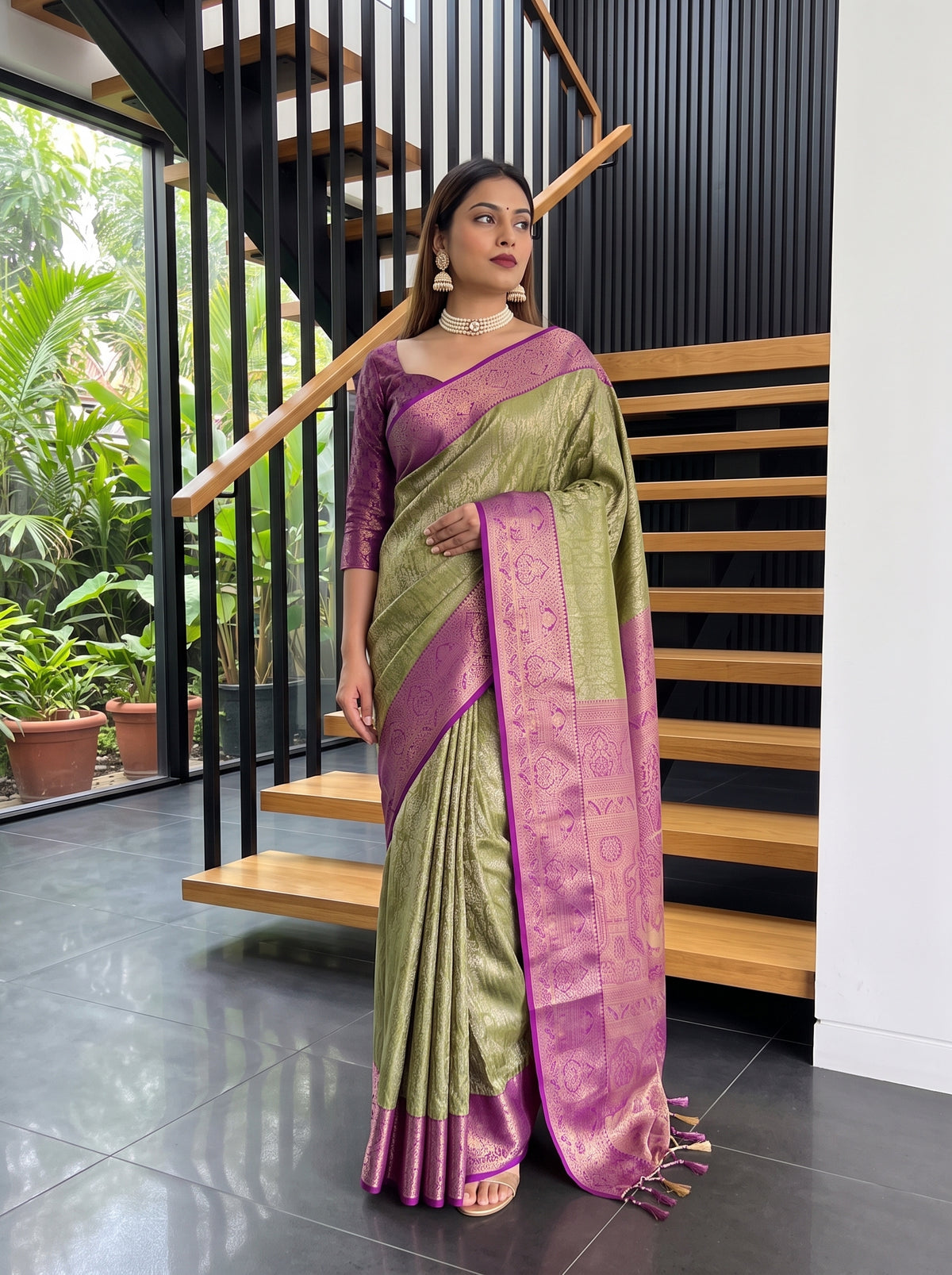 MIMOSA Green Kanjivaram Art Silk Saree — pose 5 styling detail
