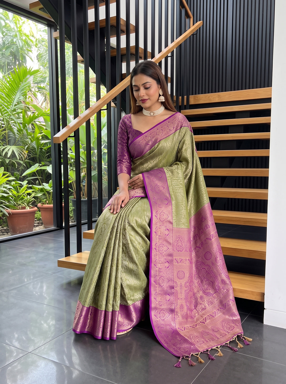 MIMOSA Green Kanjivaram Art Silk Saree — pose 8 styling detail