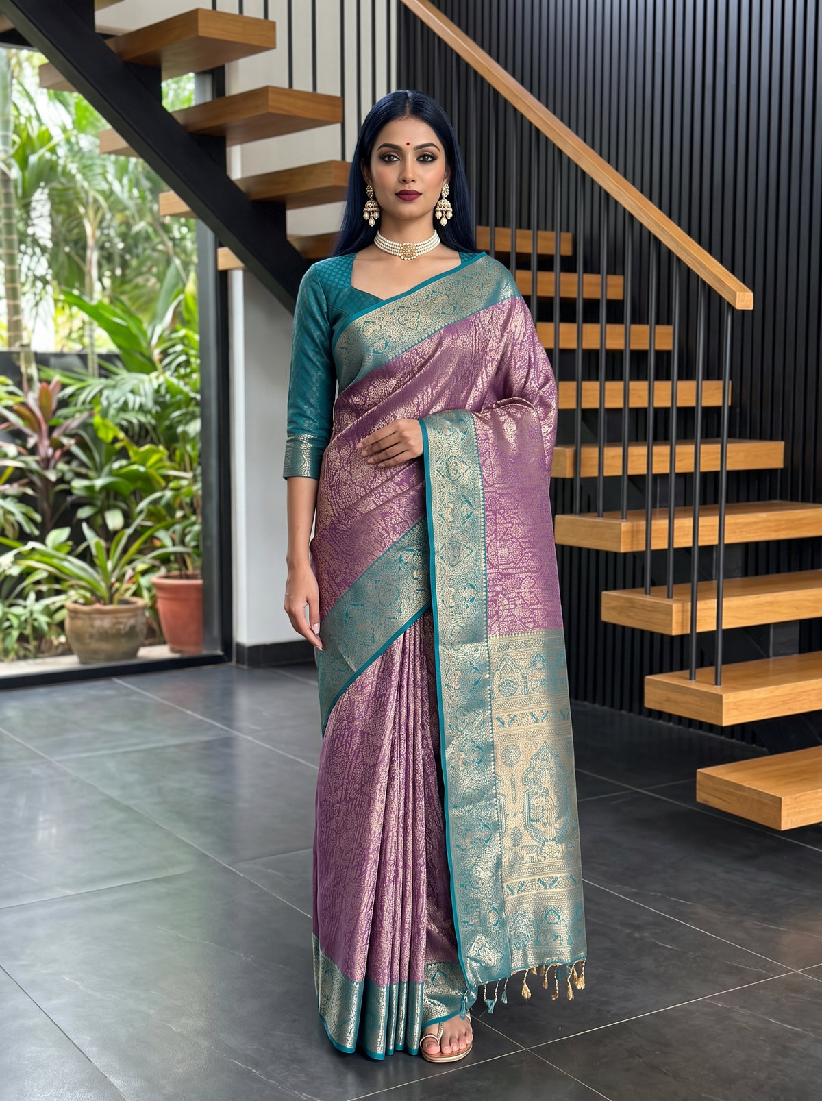 MIMOSA Magenta Kanjivaram Art Silk Saree — AI Model lifestyle pose 1